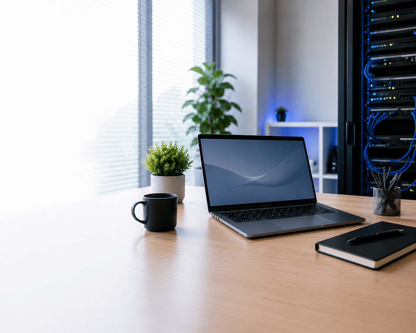Moderne IT-werkplek met laptop en serverapparatuur