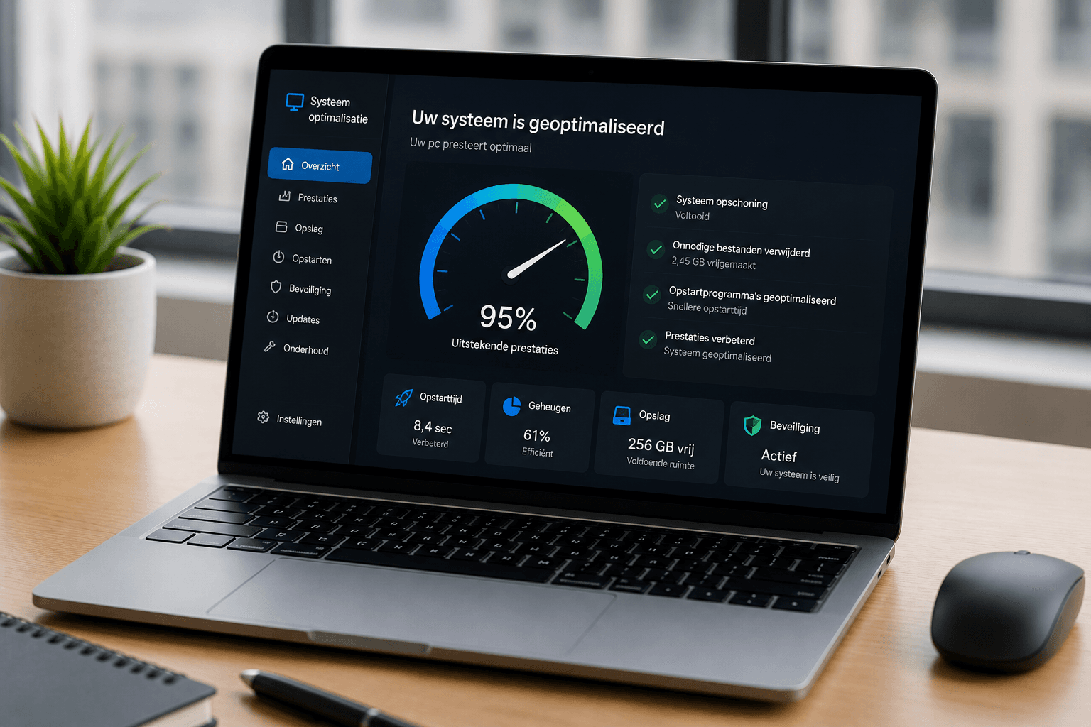 Laptop waarop een optimalisatie en snelheidsverbetering wordt getoond